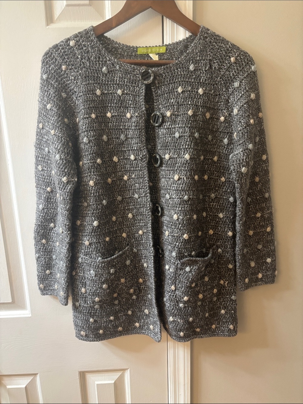 Eileen Fisher Gray Knit Cardigan with Ivory Dot Texture